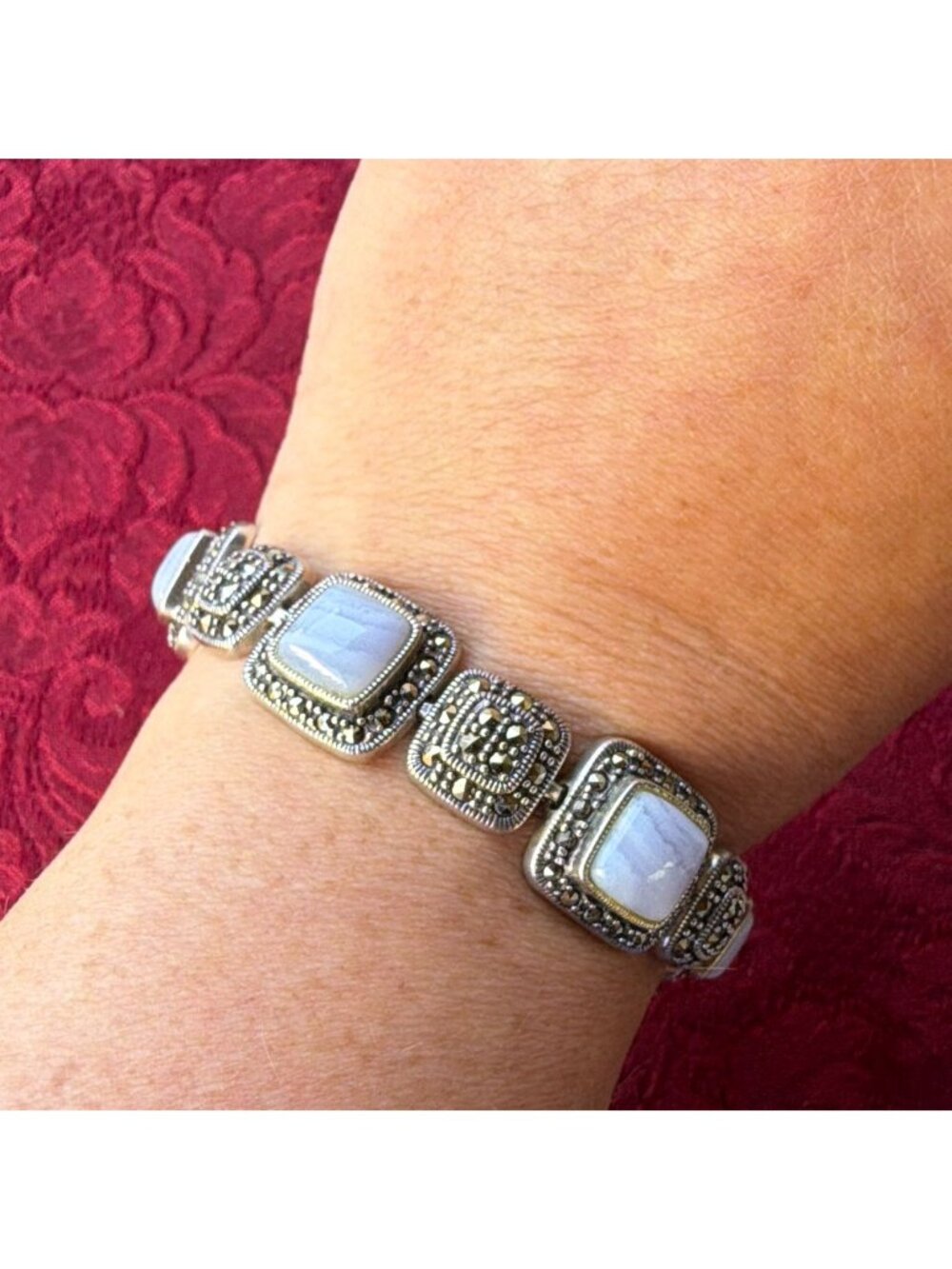 Vintage 925 Sterling Silver Blue Lace Agate Marcasite Link Bracelet Deco Gothic